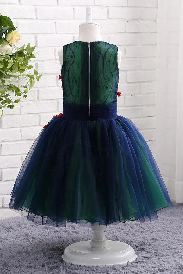 A-line Sleeveless Cute V Neck Tulle Flower Girl Dress with Red Appliques UF056