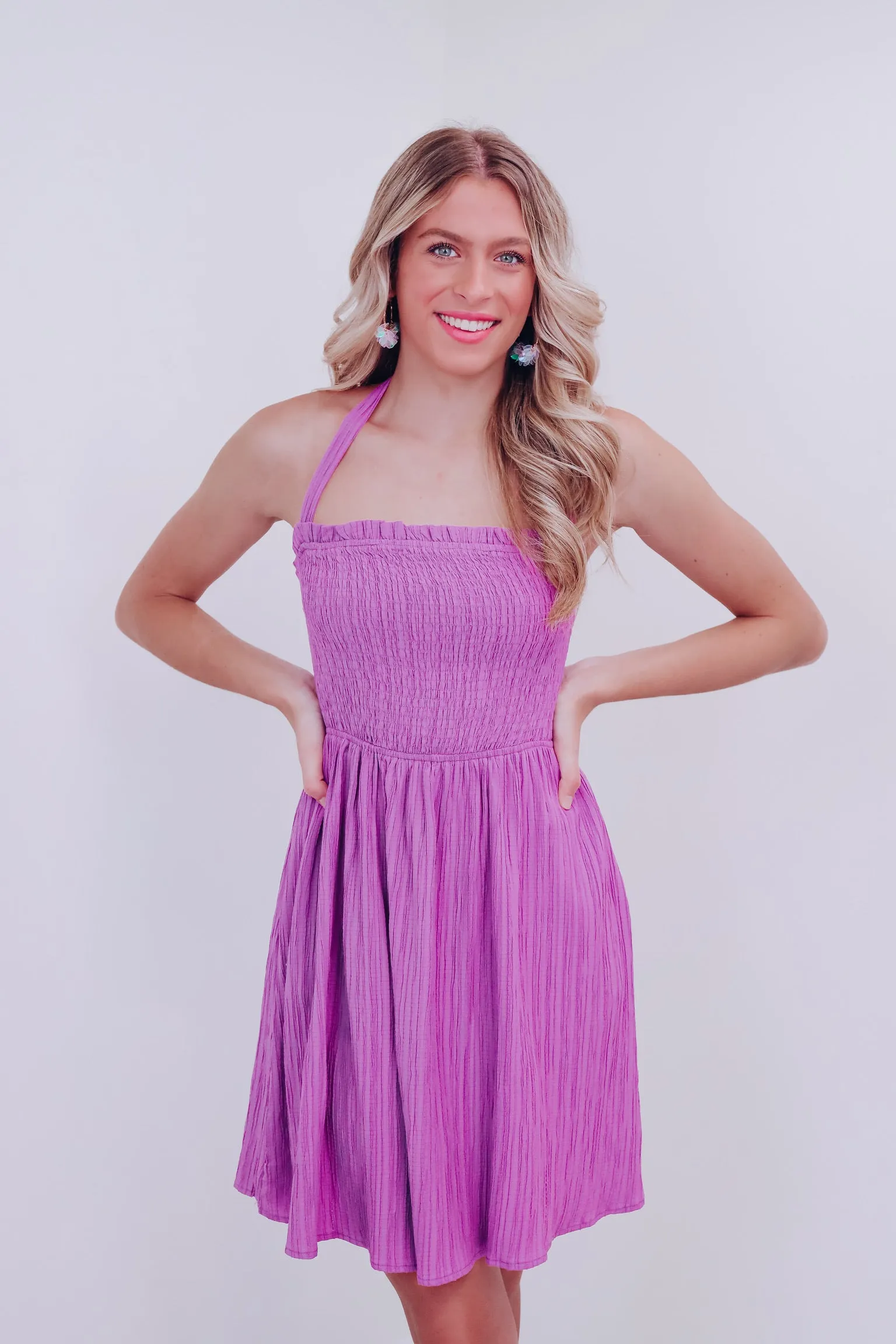 A Little Sunshine Smocked Halter Dress - Purple