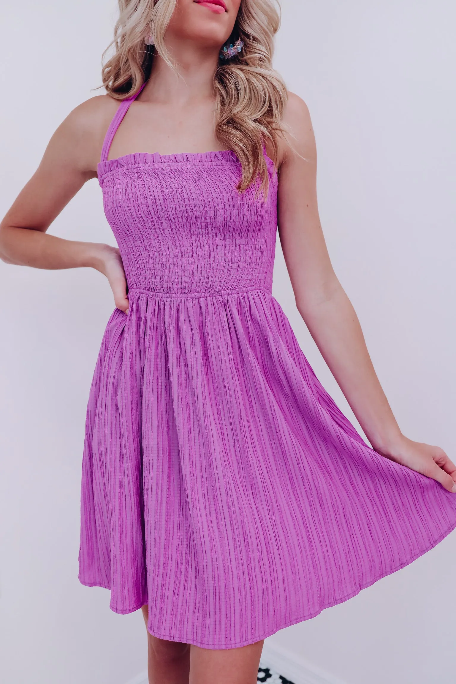 A Little Sunshine Smocked Halter Dress - Purple