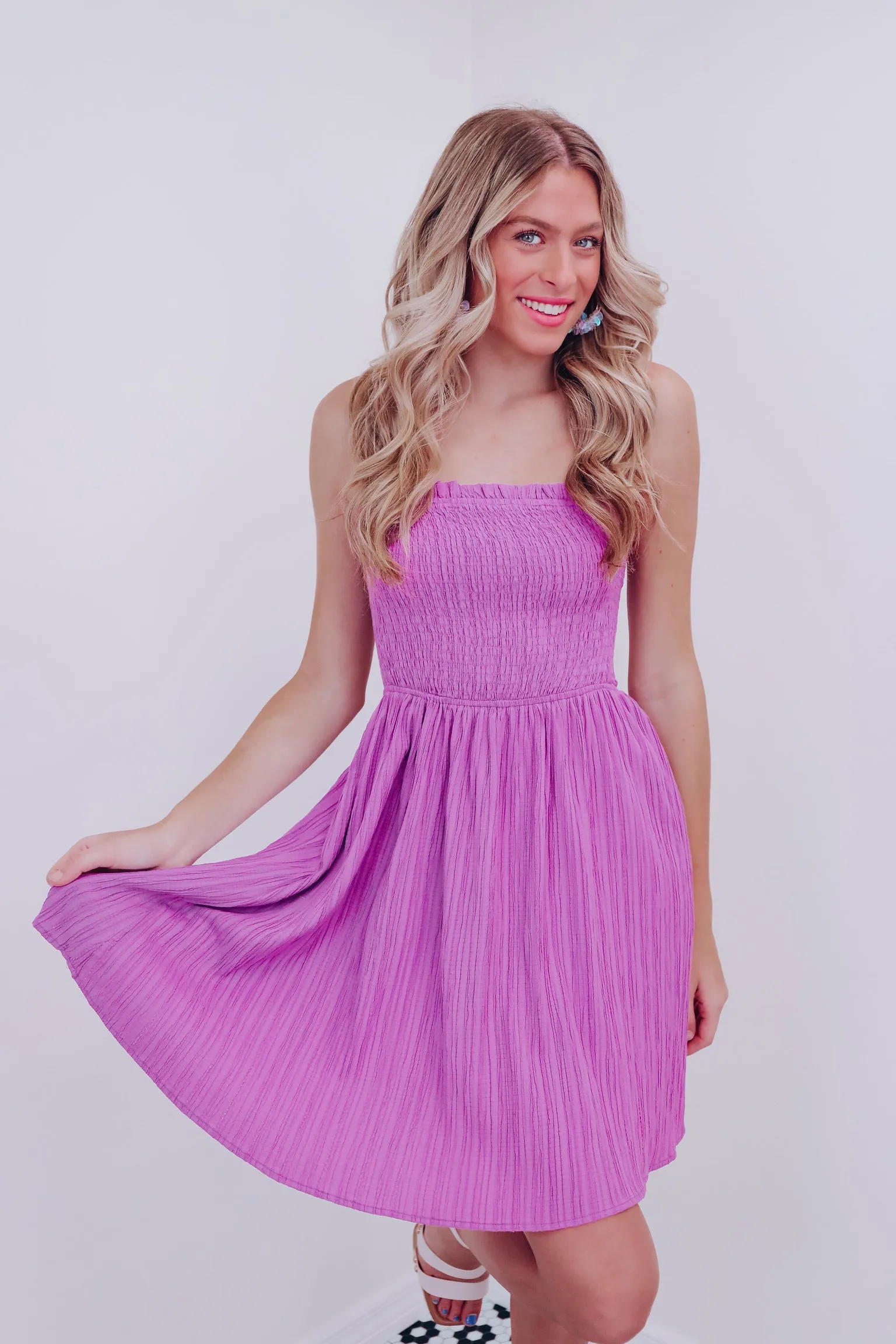 A Little Sunshine Smocked Halter Dress - Purple