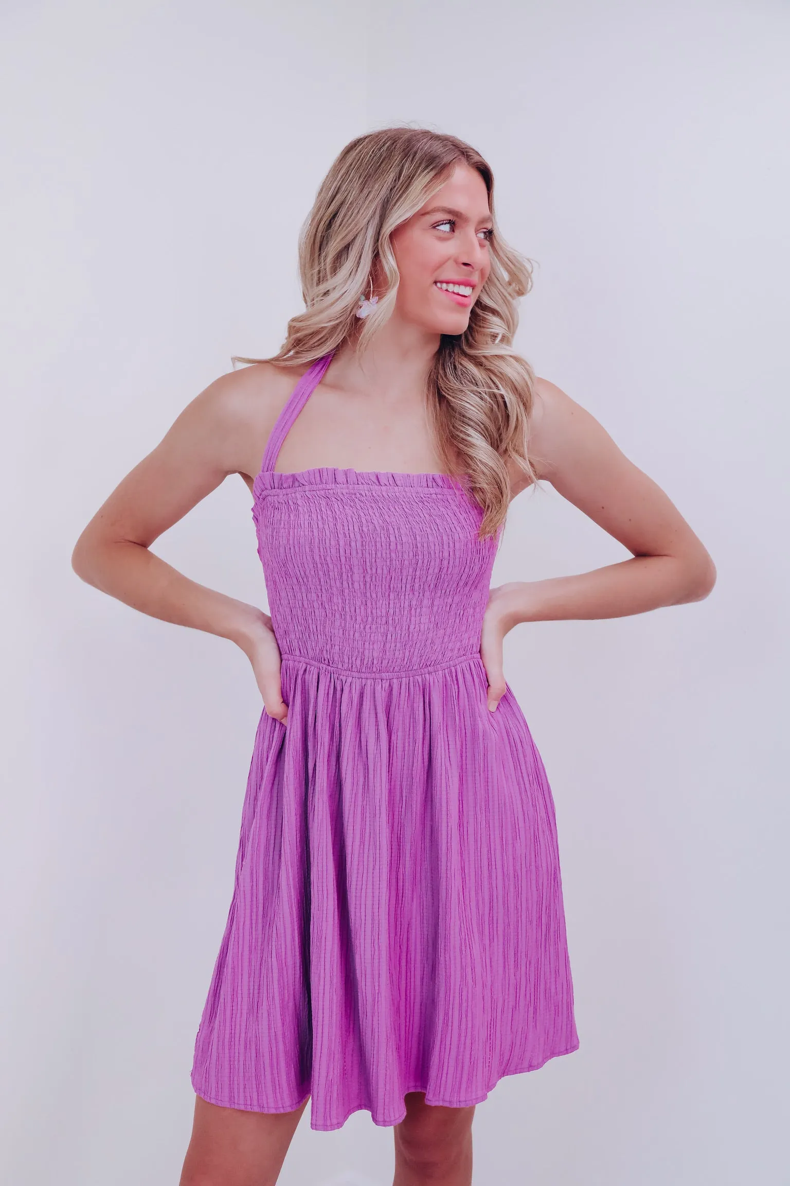 A Little Sunshine Smocked Halter Dress - Purple