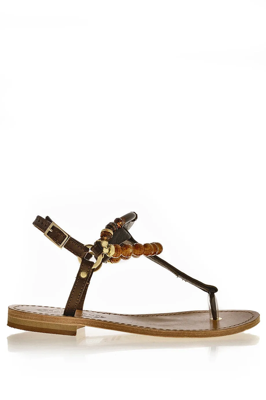 ALESSIA Beaded T-Bar Brown Leather Women Sandals