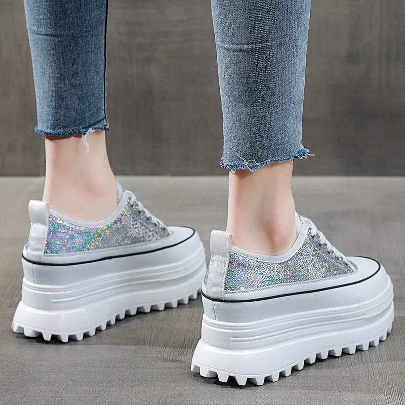 Amozae 7Cm Women Casual Shoes Genuine Leather Platform Wedge Women Fashion Sneakers Chunky Shoes Za Bling Bling Spring Autumn