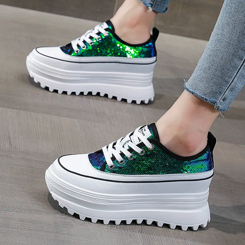 Amozae 7Cm Women Casual Shoes Genuine Leather Platform Wedge Women Fashion Sneakers Chunky Shoes Za Bling Bling Spring Autumn