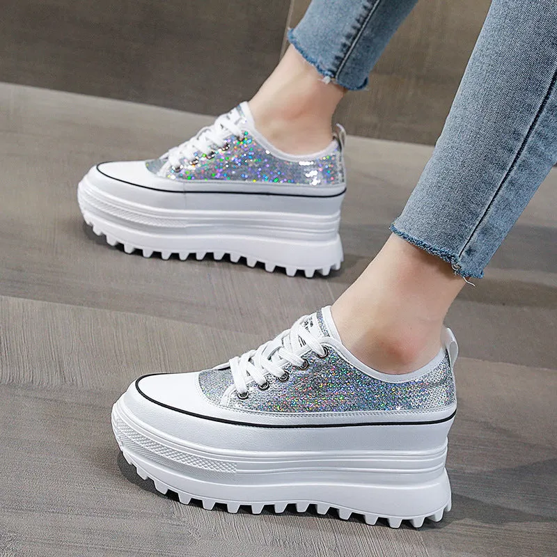 Amozae 7Cm Women Casual Shoes Genuine Leather Platform Wedge Women Fashion Sneakers Chunky Shoes Za Bling Bling Spring Autumn