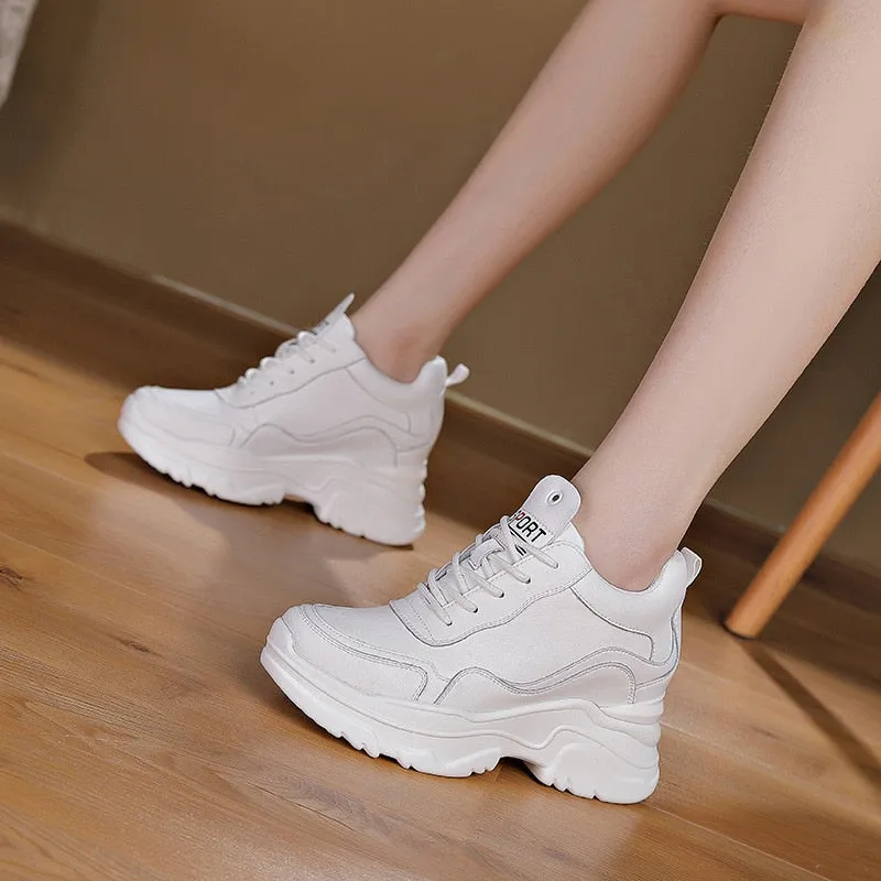 Amozae- Genuine Leather Women Shoes Casual 8Cm Platform Wedge Sneakers Chunky Shoes Summer Women Spring Autumn Leisure Shoes