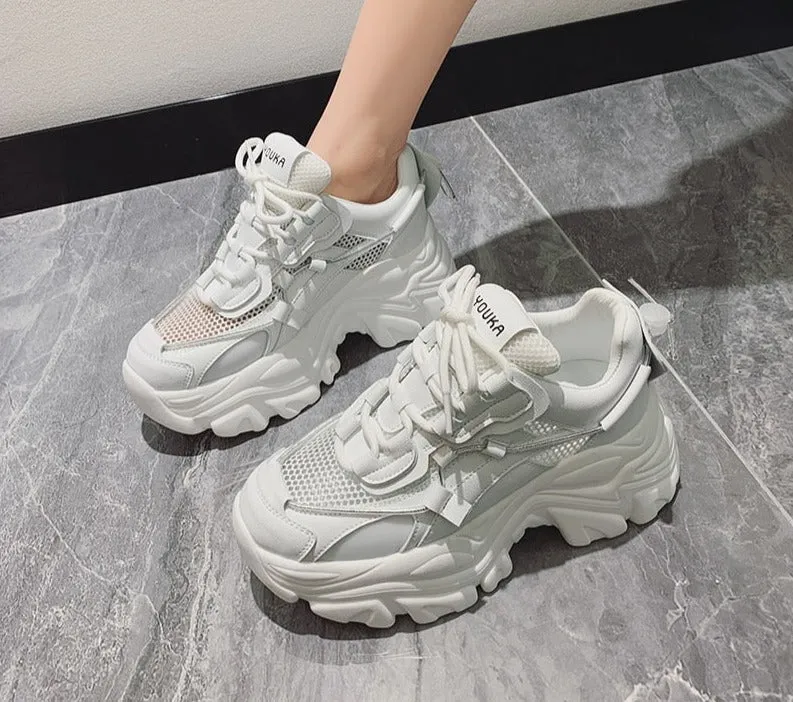 Amozae- Spring Women Chunky Sneakers Fashion Solid Color Platform Shoes Lace Up Breathable Mesh Vulcanize Shoes Women Casual Shoes