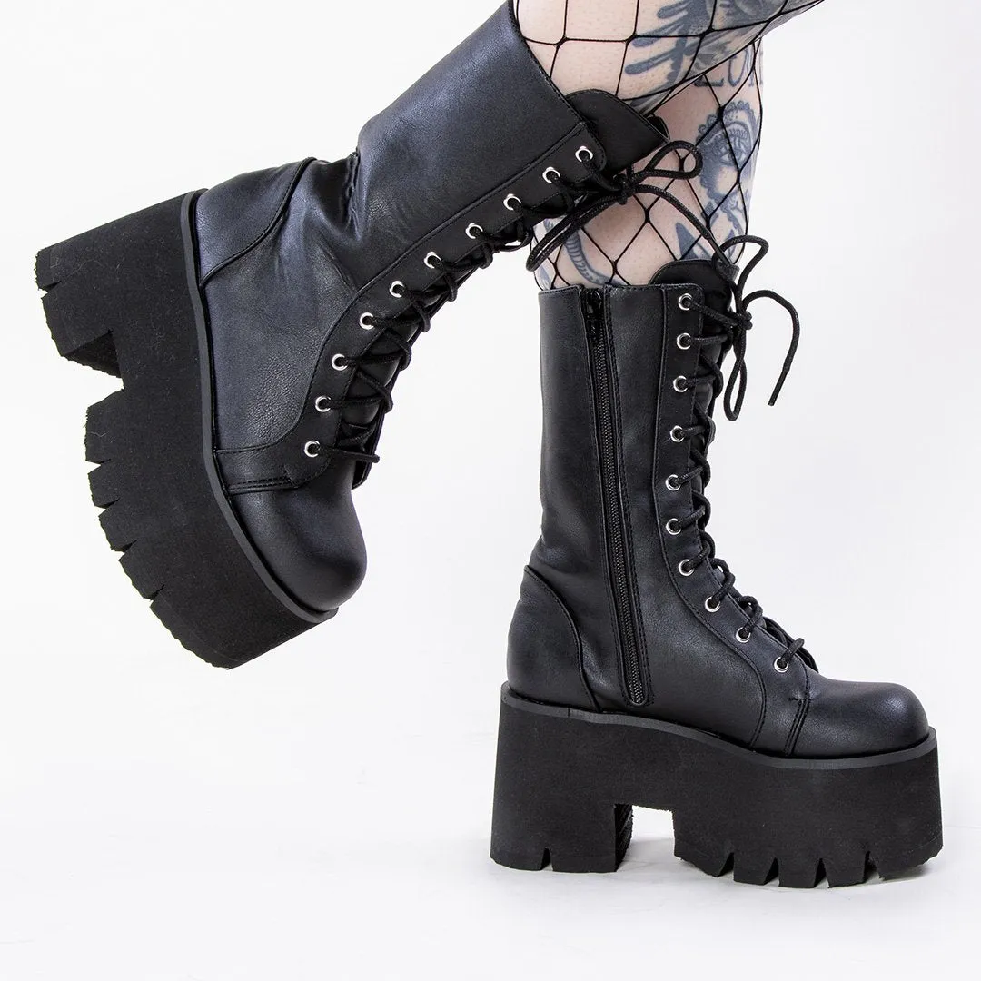 ASHES-105 Black Vegan Leather Platform Combat Boots