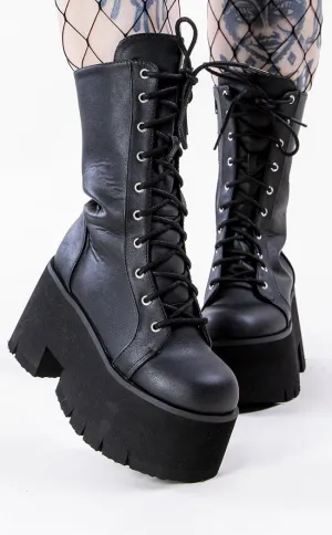 ASHES-105 Black Vegan Leather Platform Combat Boots