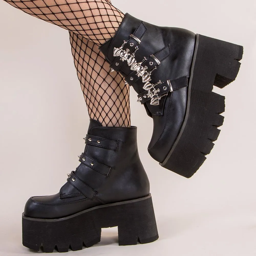 ASHES-55 Black Vegan Leather Bat Buckle Platform Ankle Boots