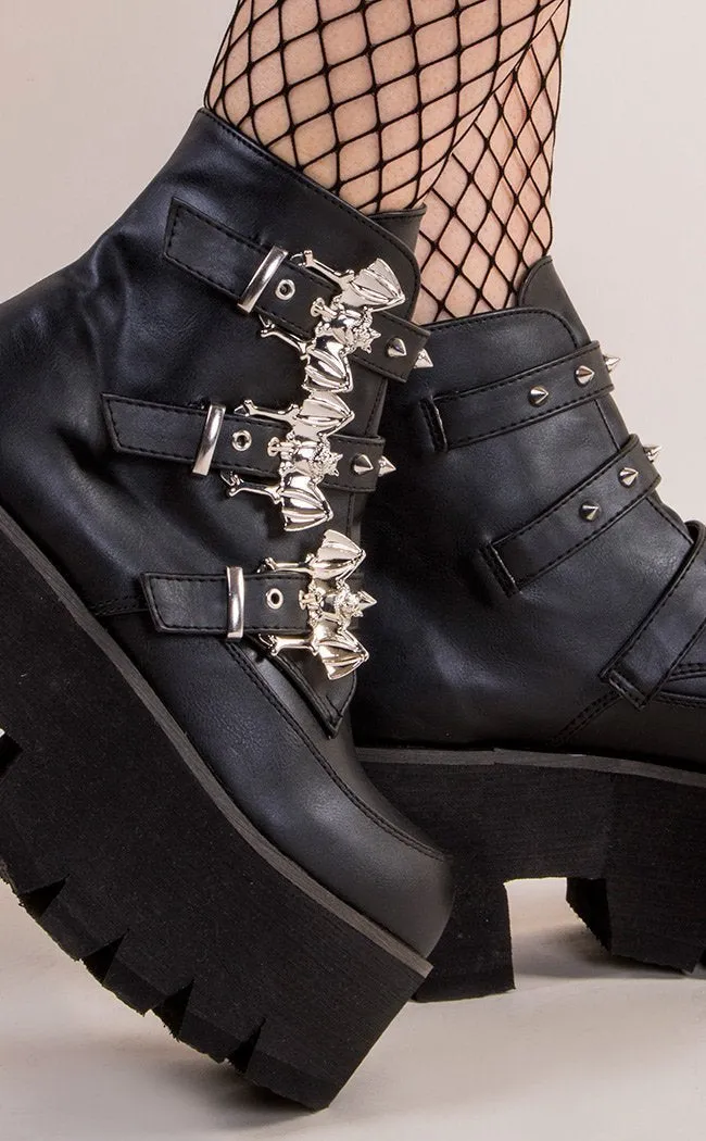 ASHES-55 Black Vegan Leather Bat Buckle Platform Ankle Boots