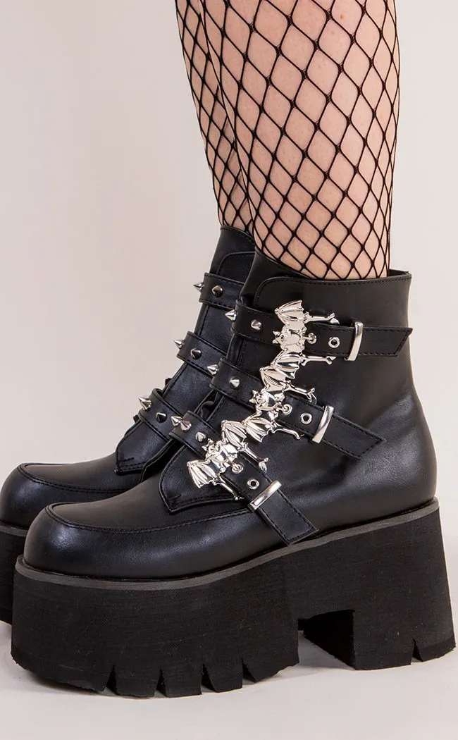 ASHES-55 Black Vegan Leather Bat Buckle Platform Ankle Boots