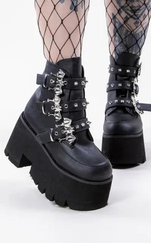 ASHES-55 Black Vegan Leather Bat Buckle Platform Ankle Boots