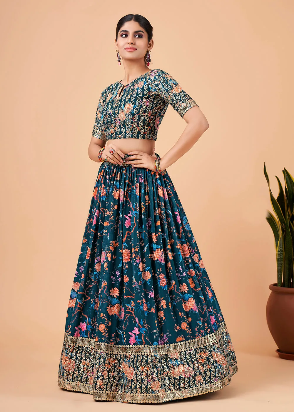 Awesome Teal Blue Floral Printed Georgette Lehenga Choli