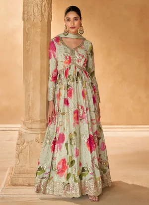 Beige Floral Print Embroidered Anarkali Gown