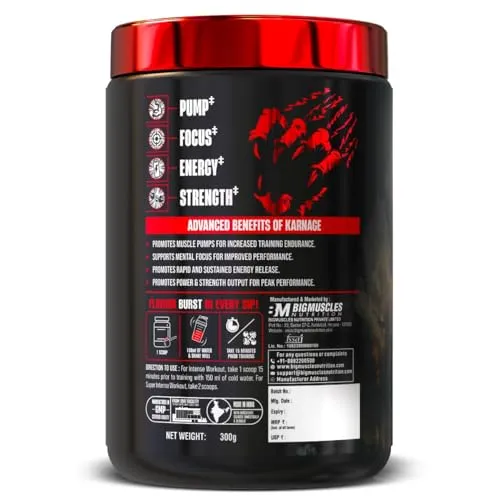 Bigmuscles Nutrition Karnage Pre workout (60 Servings, Sex On the Beach) | Pre-workout Supplement Supports to Improve Focus, Strength, Energy and Pump, Banned Substance Tested, Dope Free, 300g