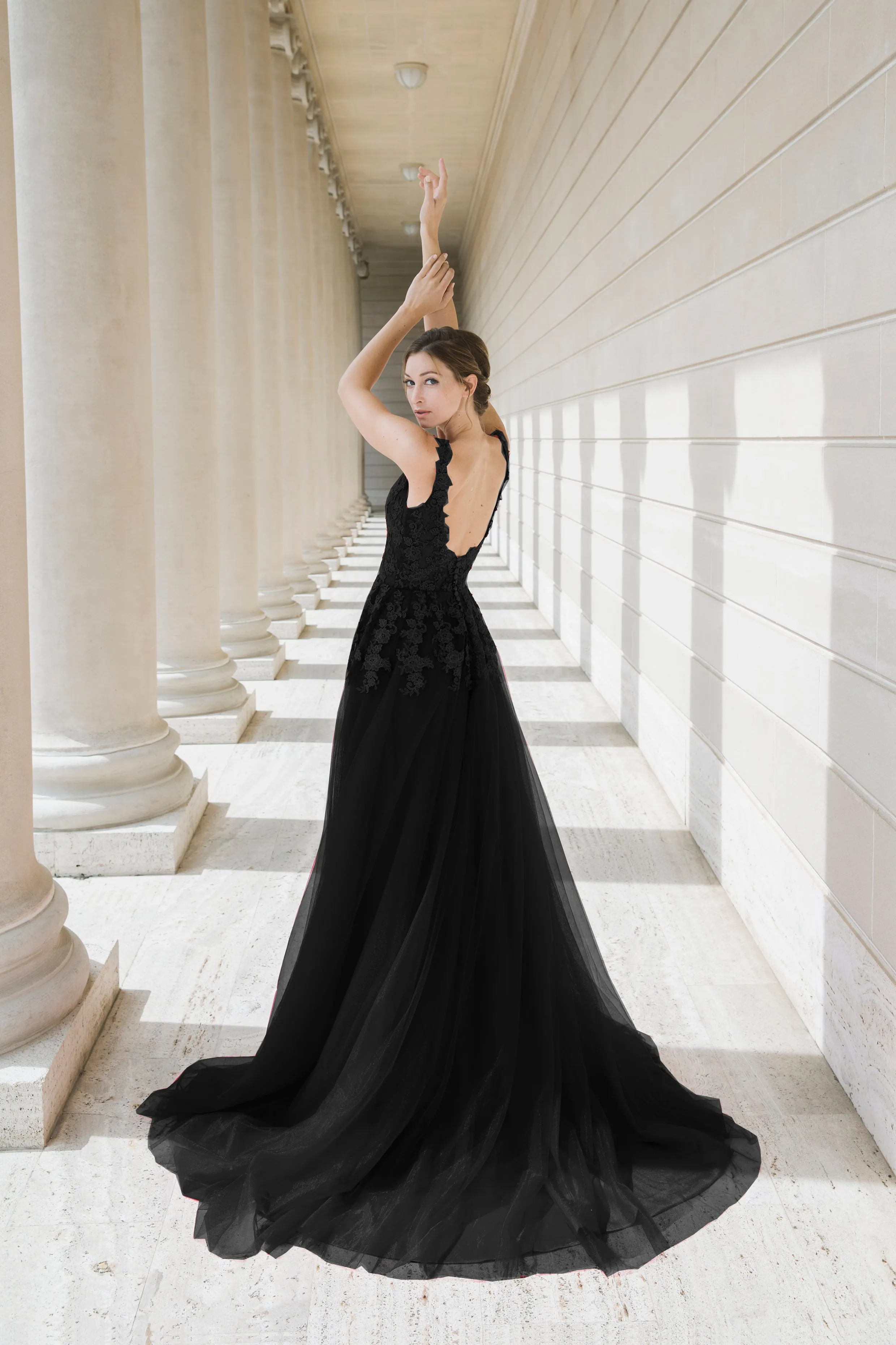 Black Queen - Black V-neck lace light-weighted low-back A-line gown colored wedding dress