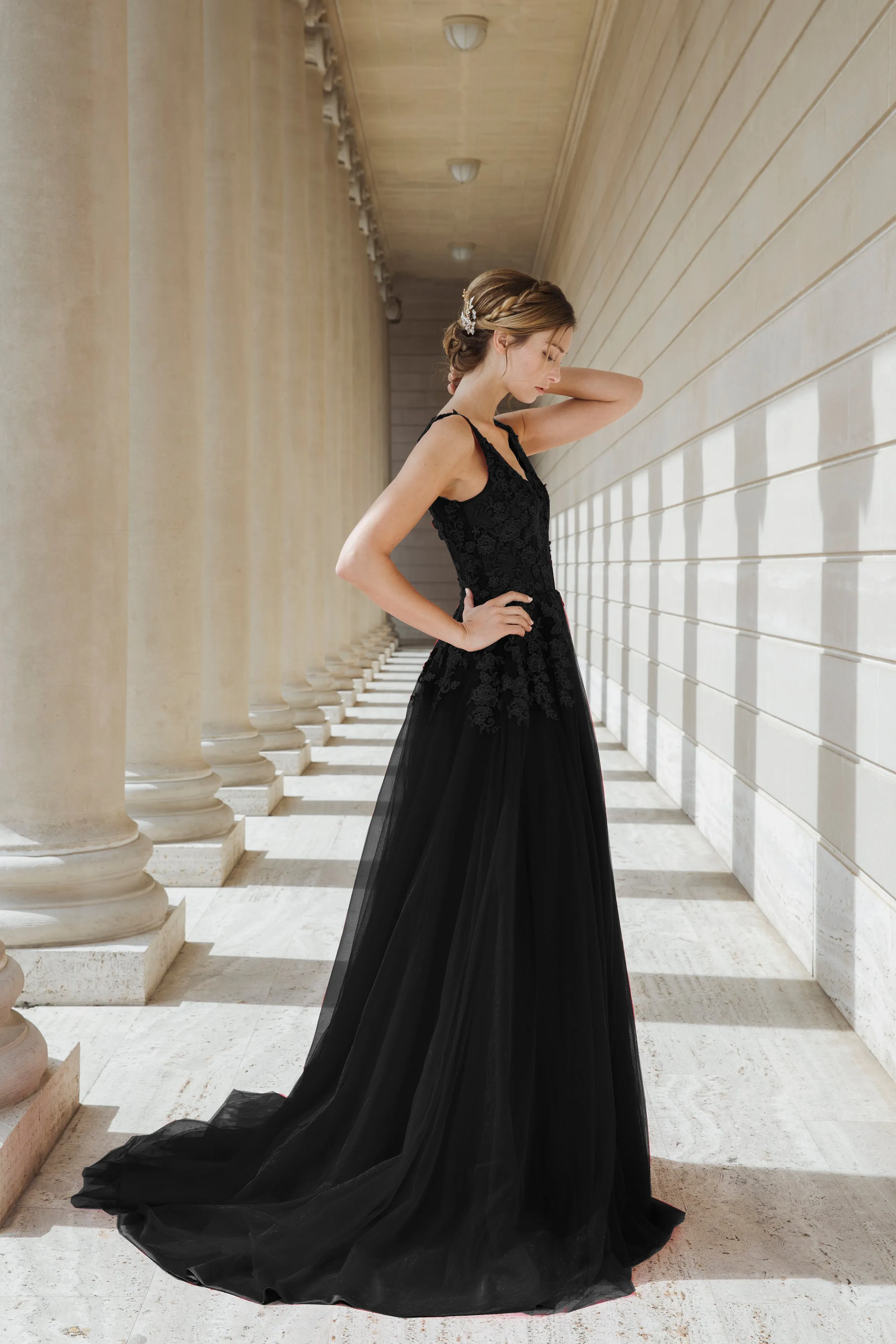 Black Queen - Black V-neck lace light-weighted low-back A-line gown colored wedding dress