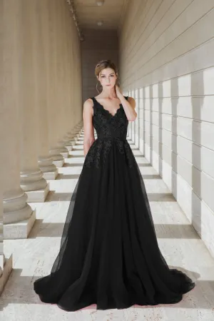 Black Queen - Black V-neck lace light-weighted low-back A-line gown colored wedding dress