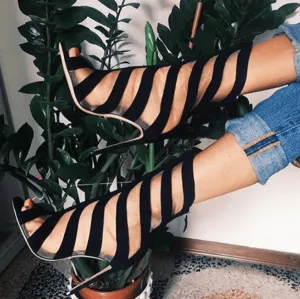 Black Stripe Mesh High Heel Peep Toe Sandals