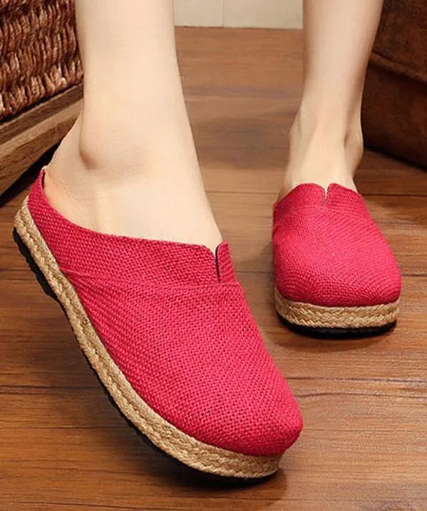 Boutique Flat Shoes For Women Red Cotton Linen Fabric Slippers Shoes