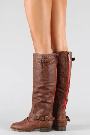 Breckelle Double Buckle Contrast Zipper Riding Knee High Boot