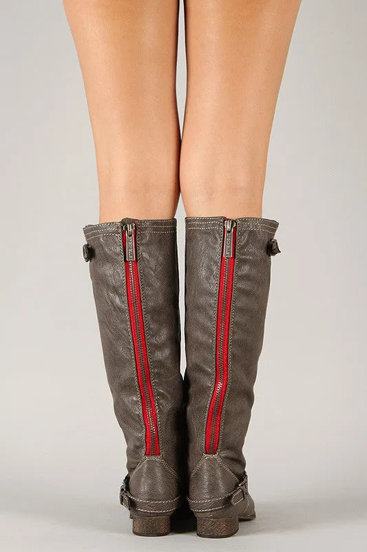 Breckelle Double Buckle Contrast Zipper Riding Knee High Boot