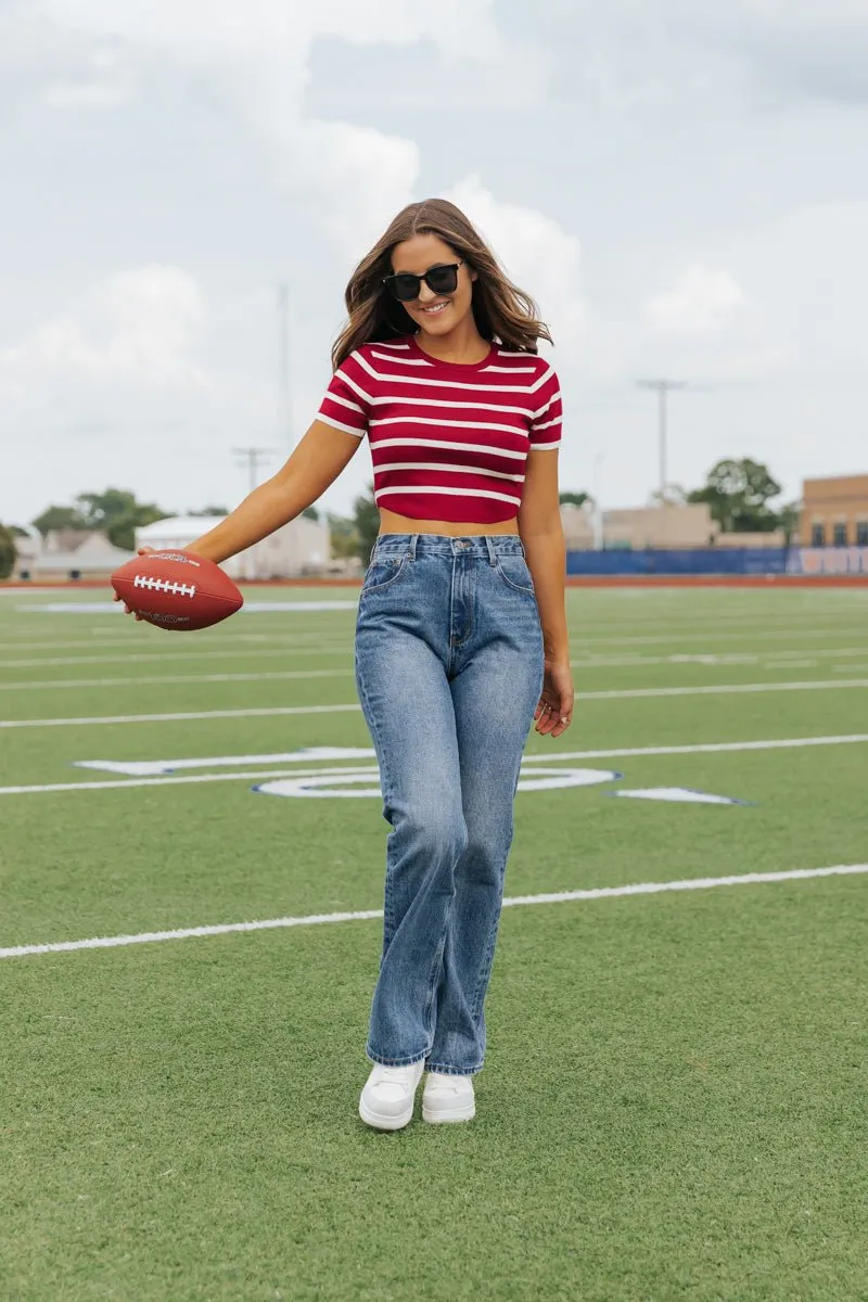 Burgundy and White Striped Cropped Sweater - FINAL SALE