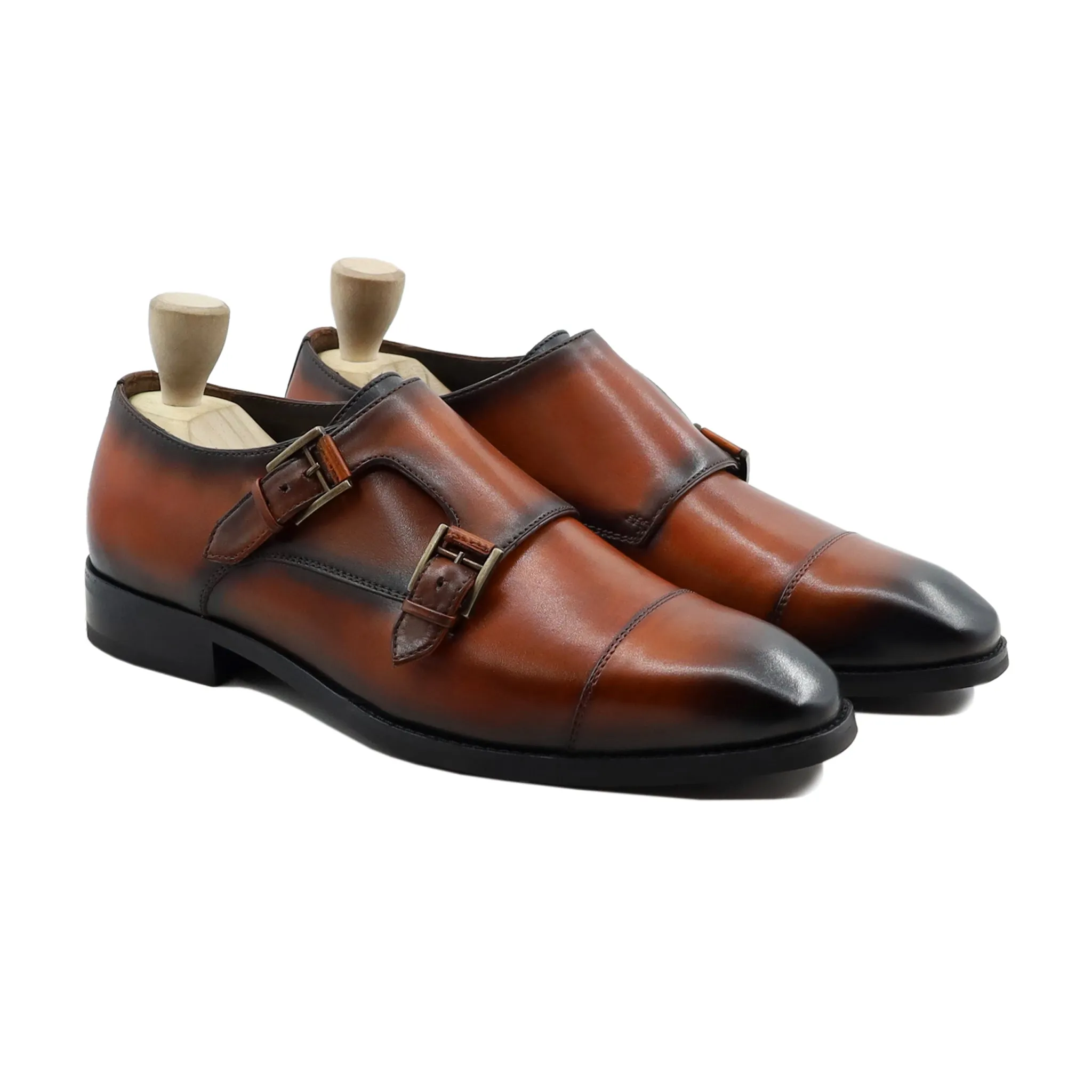 Cale - Men's Burnish Orange Tan Calf Leather Double Monkstrap