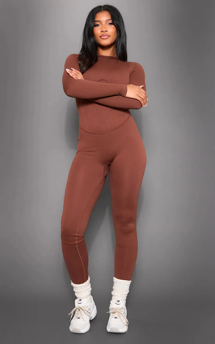 CHOCOLATE SNATCHED RIB LONG SLEEVE CORSET DETAIL JUMPSUIT