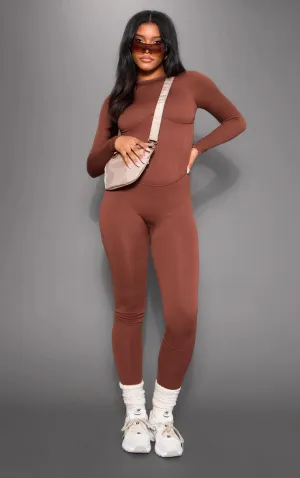 CHOCOLATE SNATCHED RIB LONG SLEEVE CORSET DETAIL JUMPSUIT