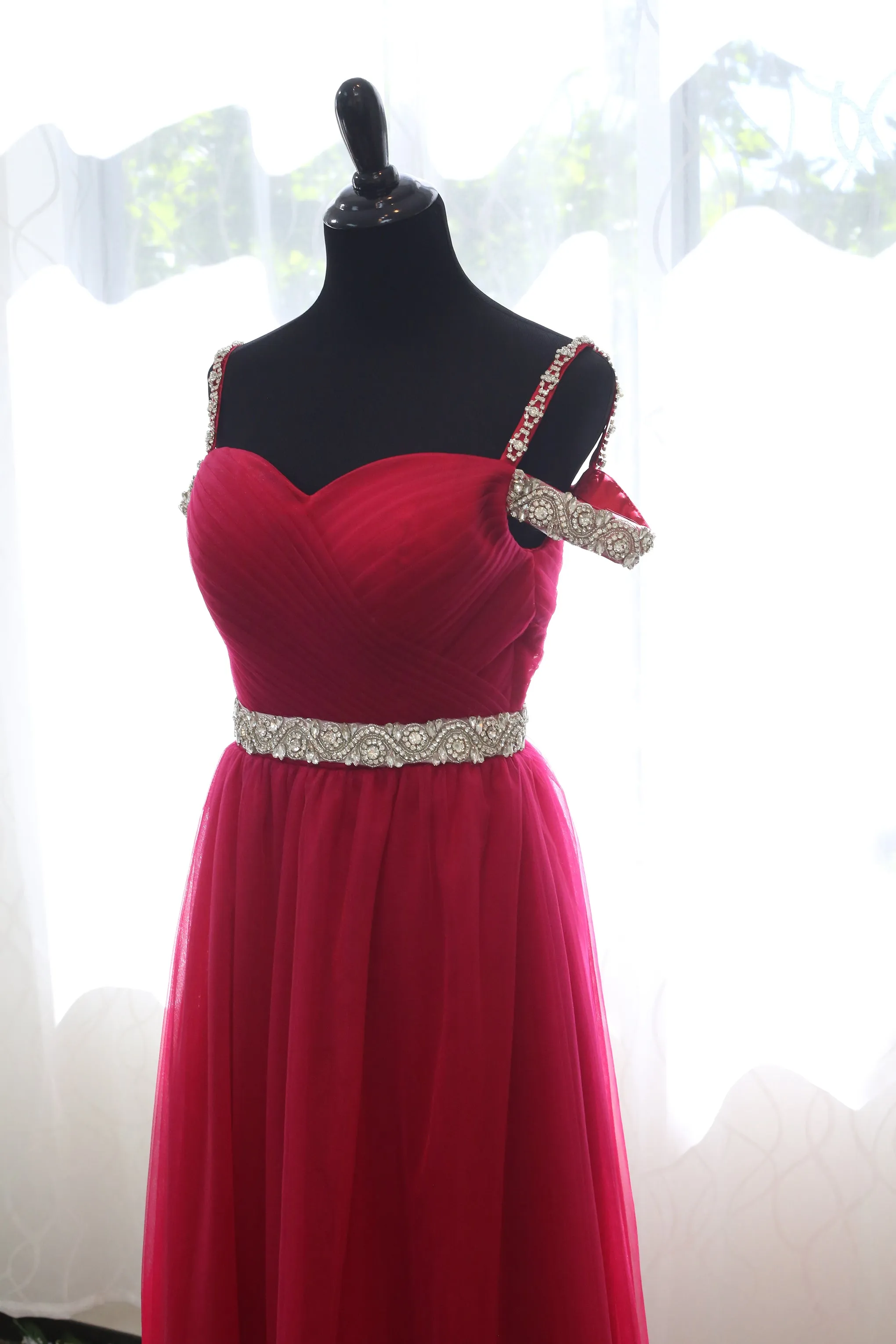 Crystal Beaded Off-shoulder Ruby Red Japanese A-line Soft Tulle Prom Dress