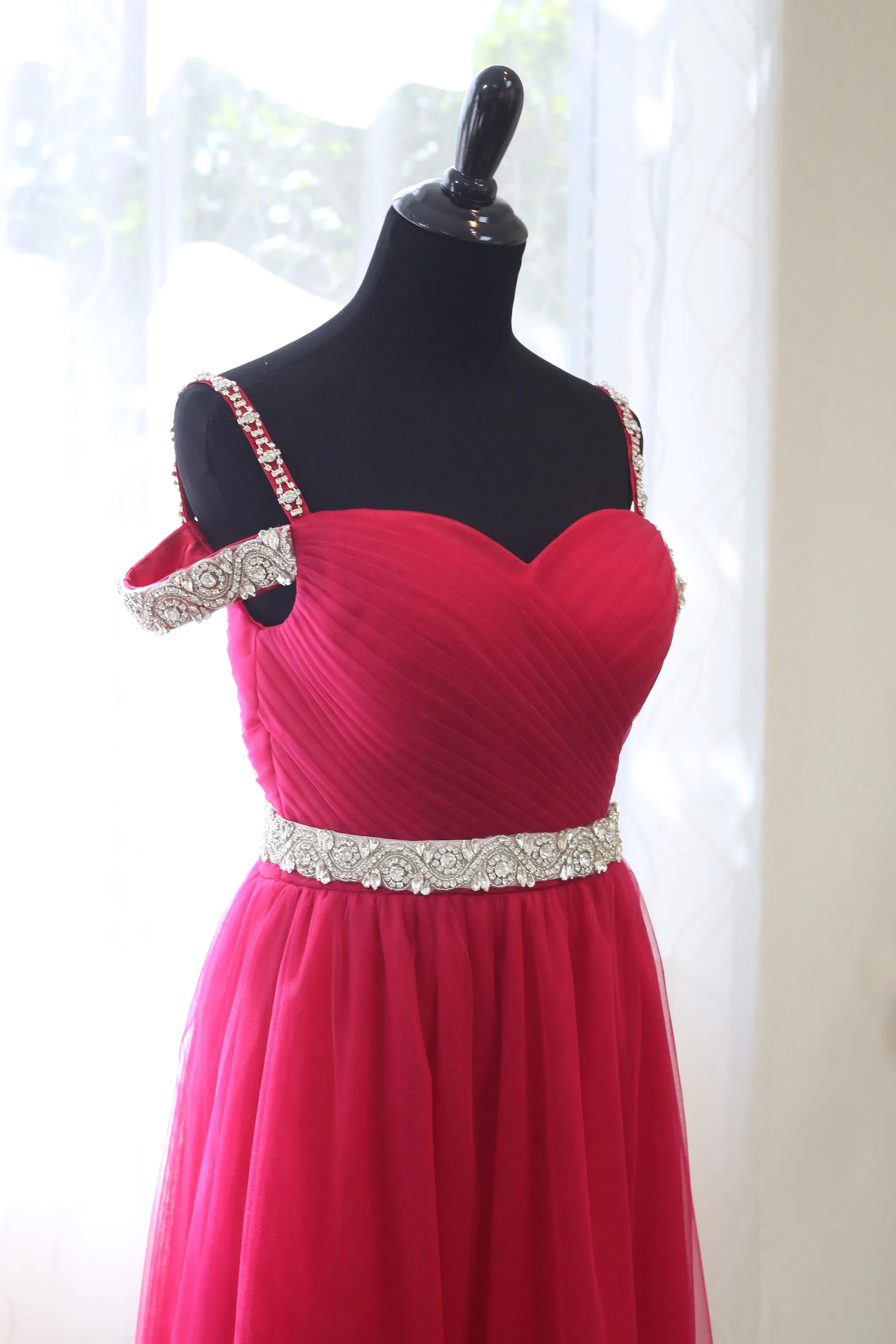 Crystal Beaded Off-shoulder Ruby Red Japanese A-line Soft Tulle Prom Dress