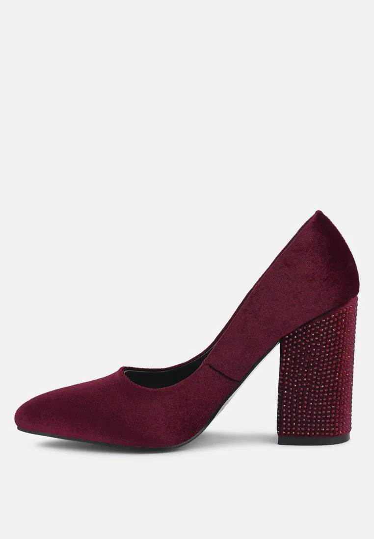 CYBER-GIRL Burgundy Rhinestone Block Heeled Pumps