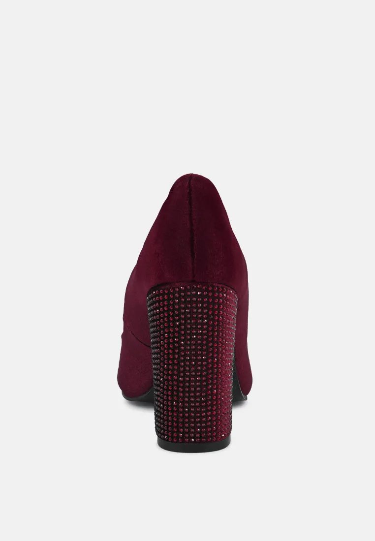 CYBER-GIRL Burgundy Rhinestone Block Heeled Pumps