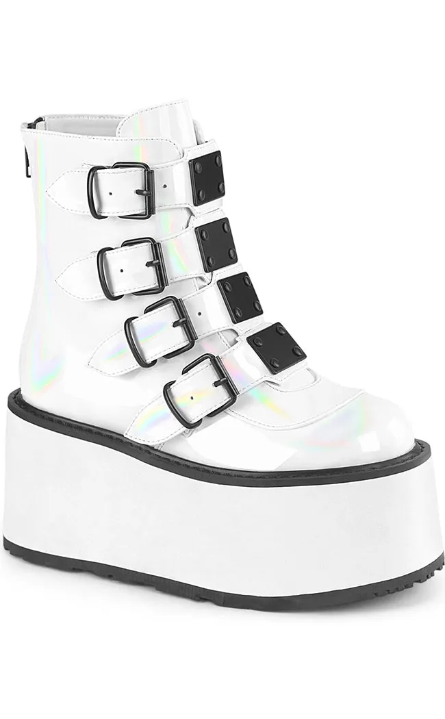 DAMNED-105 White Holo Flatform Ankle Boots