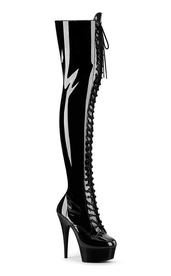 DELIGHT-3023 Black Patent Thigh High Boots