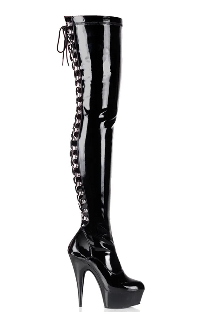 DELIGHT-3063 Black Vegan Patent Leather Thigh High Boots