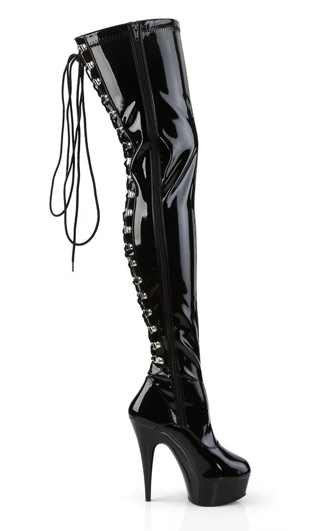 DELIGHT-3063 Black Vegan Patent Leather Thigh High Boots