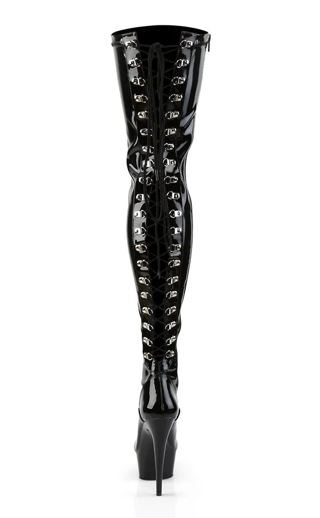 DELIGHT-3063 Black Vegan Patent Leather Thigh High Boots