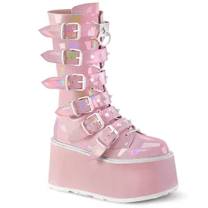 Demonia DAMNED-225 | Baby Pink Hologram Patent Mid-Calf Boots