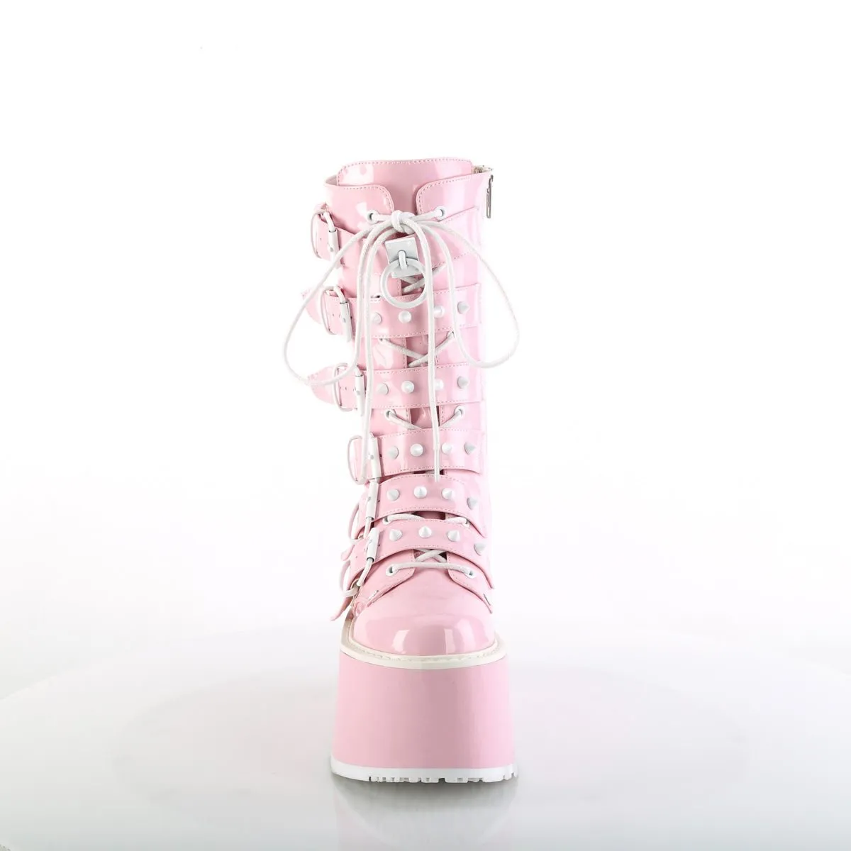 Demonia DAMNED-225 | Baby Pink Hologram Patent Mid-Calf Boots