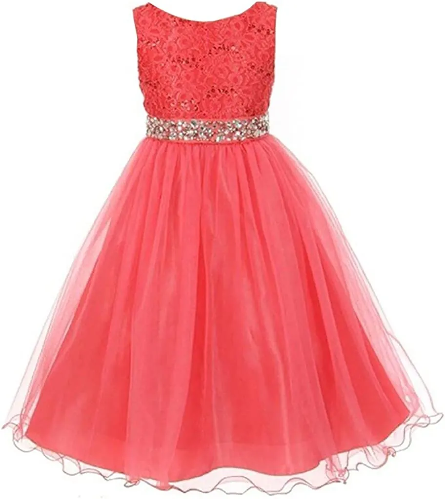 DreamHigh Wedding Flower Girl's Sequined Shining Crystal Waist Evening Dress up 2-14 Years