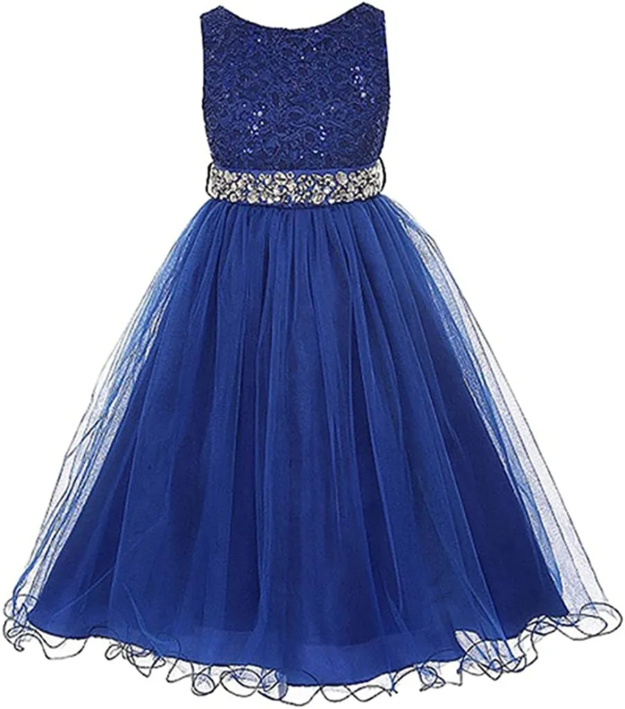 DreamHigh Wedding Flower Girl's Sequined Shining Crystal Waist Evening Dress up 2-14 Years