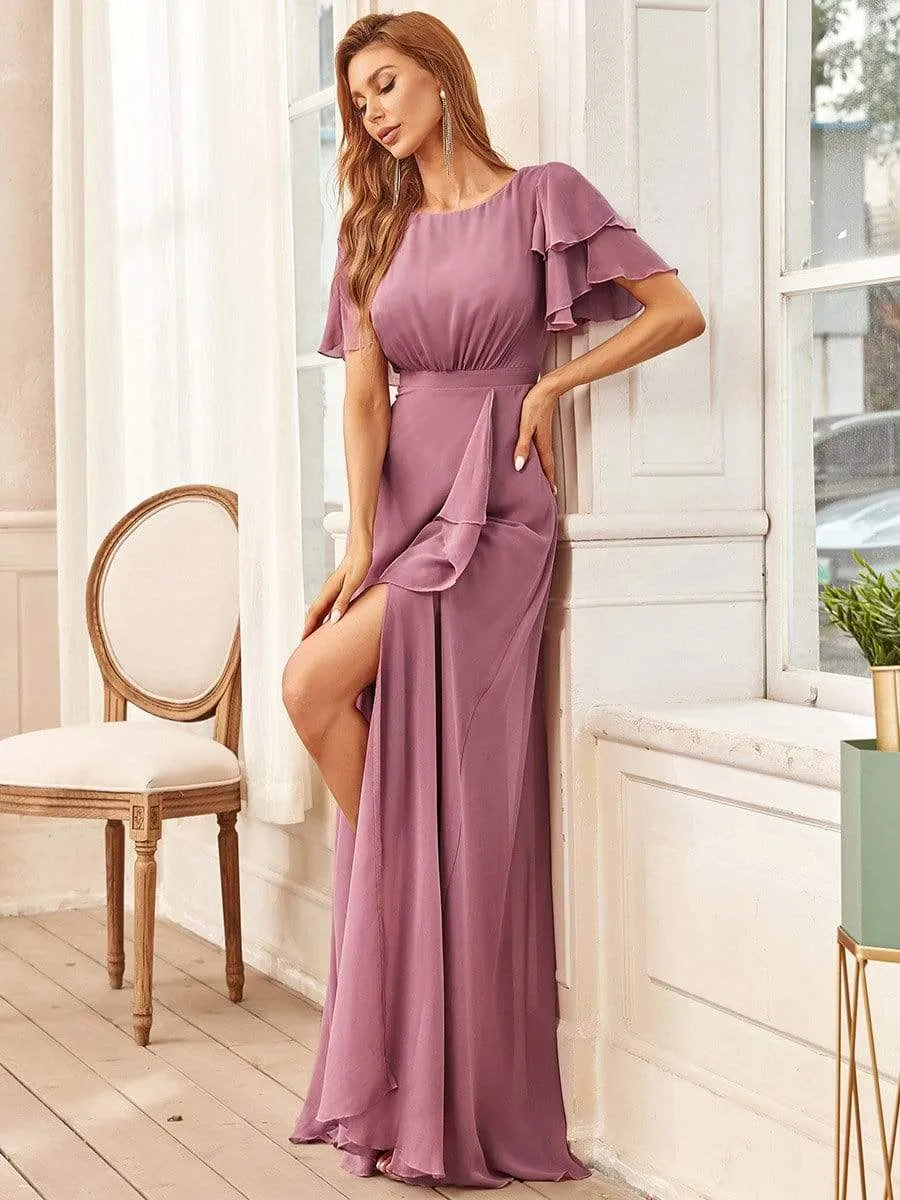 Easy Flow Ruffled Sleeve A-line Front Slit Mother Dress