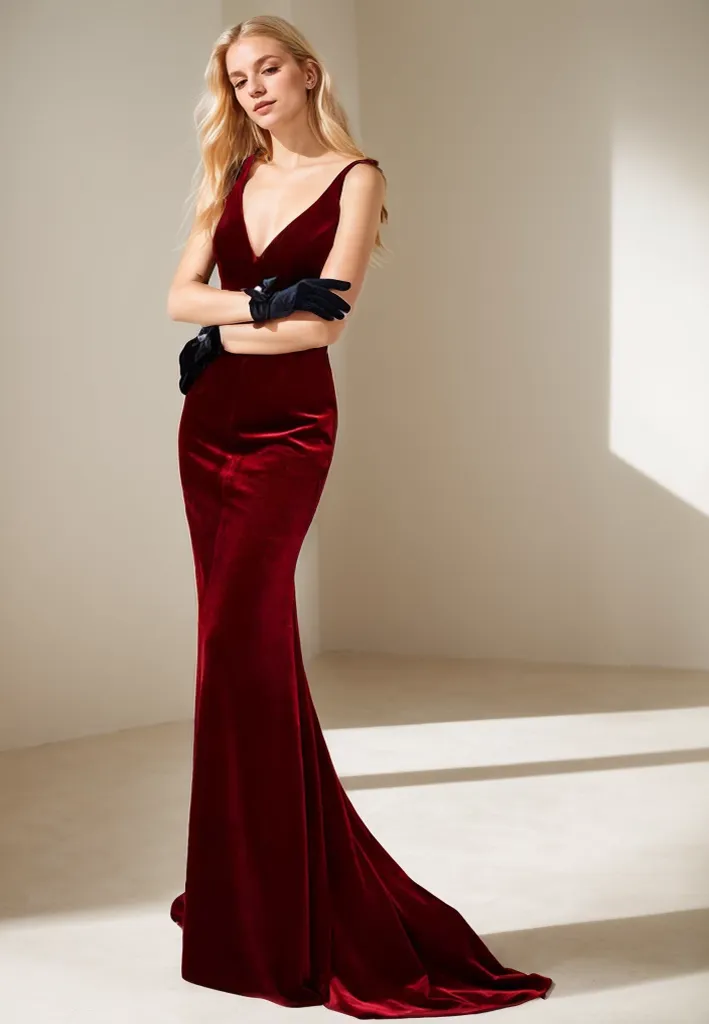 Elegant Mermaid Long Velvet Prom Dress with Beaded Bow & Spaghetti Straps