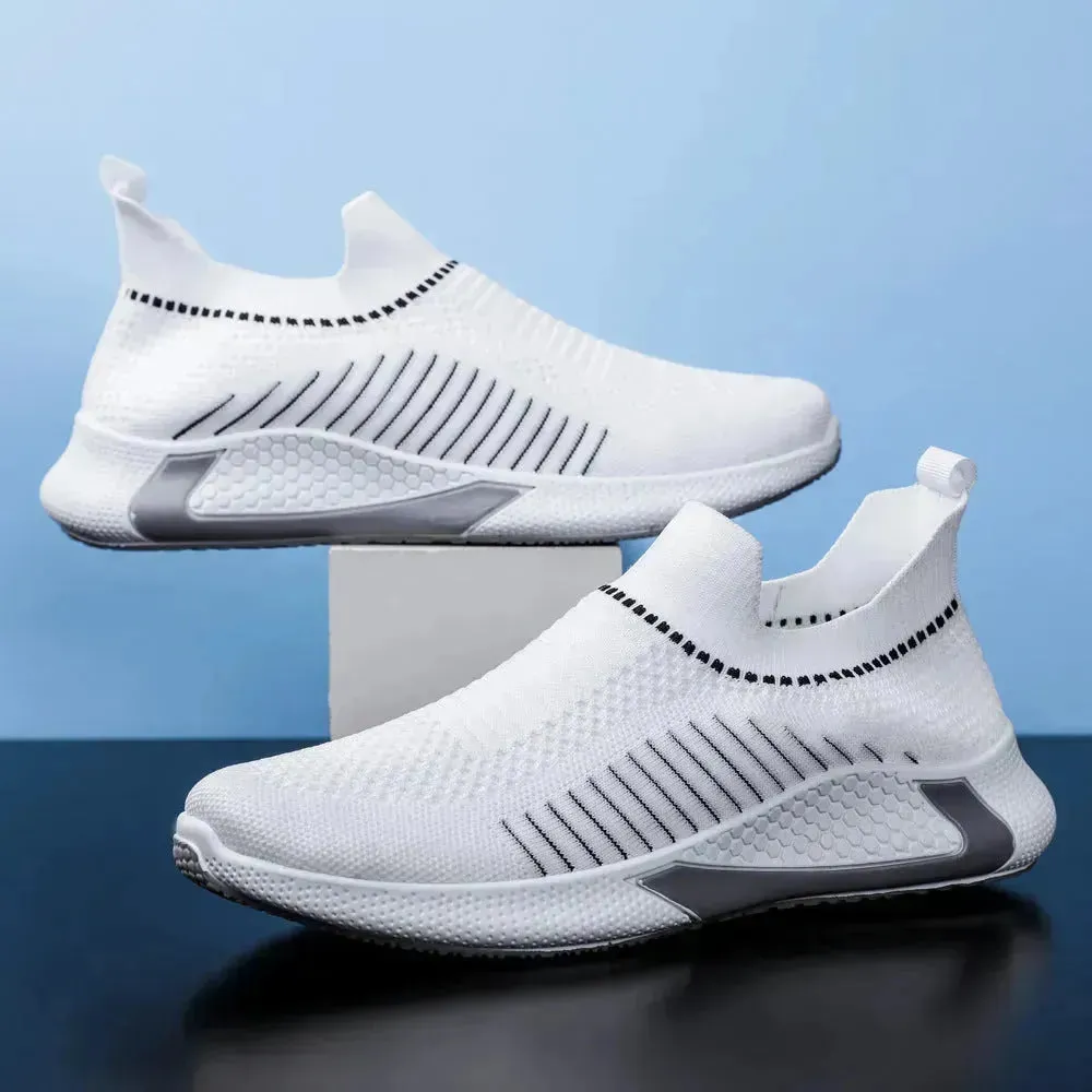 Fashion Mesh Sock Shoes With Striped Design Men Outdoor Breathable Slip-on Sneakers Casual Lightweight Running Sports Shoes