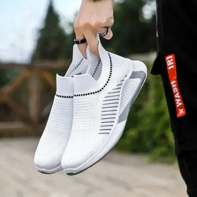 Fashion Mesh Sock Shoes With Striped Design Men Outdoor Breathable Slip-on Sneakers Casual Lightweight Running Sports Shoes