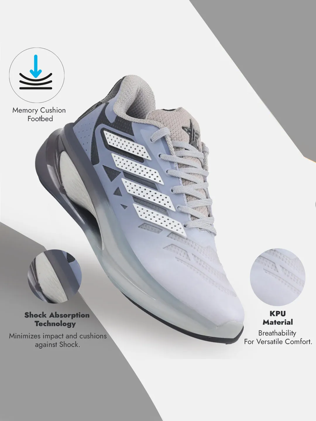 FAUSTO Men Grey Breathable Sport Shoes|Memory Cushion And Anti-Skid Bounce Back Phylon Sole|Athleisure Running Shoes|Lace Up Walking Shoes|Gym Shoes