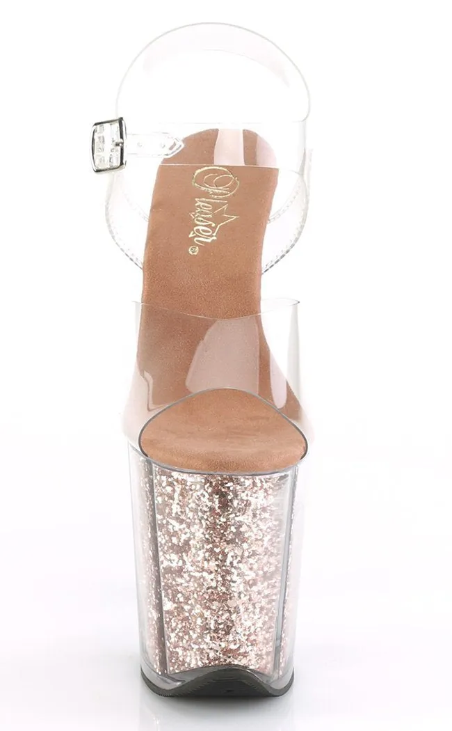 FLAMINGO-808G Clear & Rose Gold Glitter Platform Heels